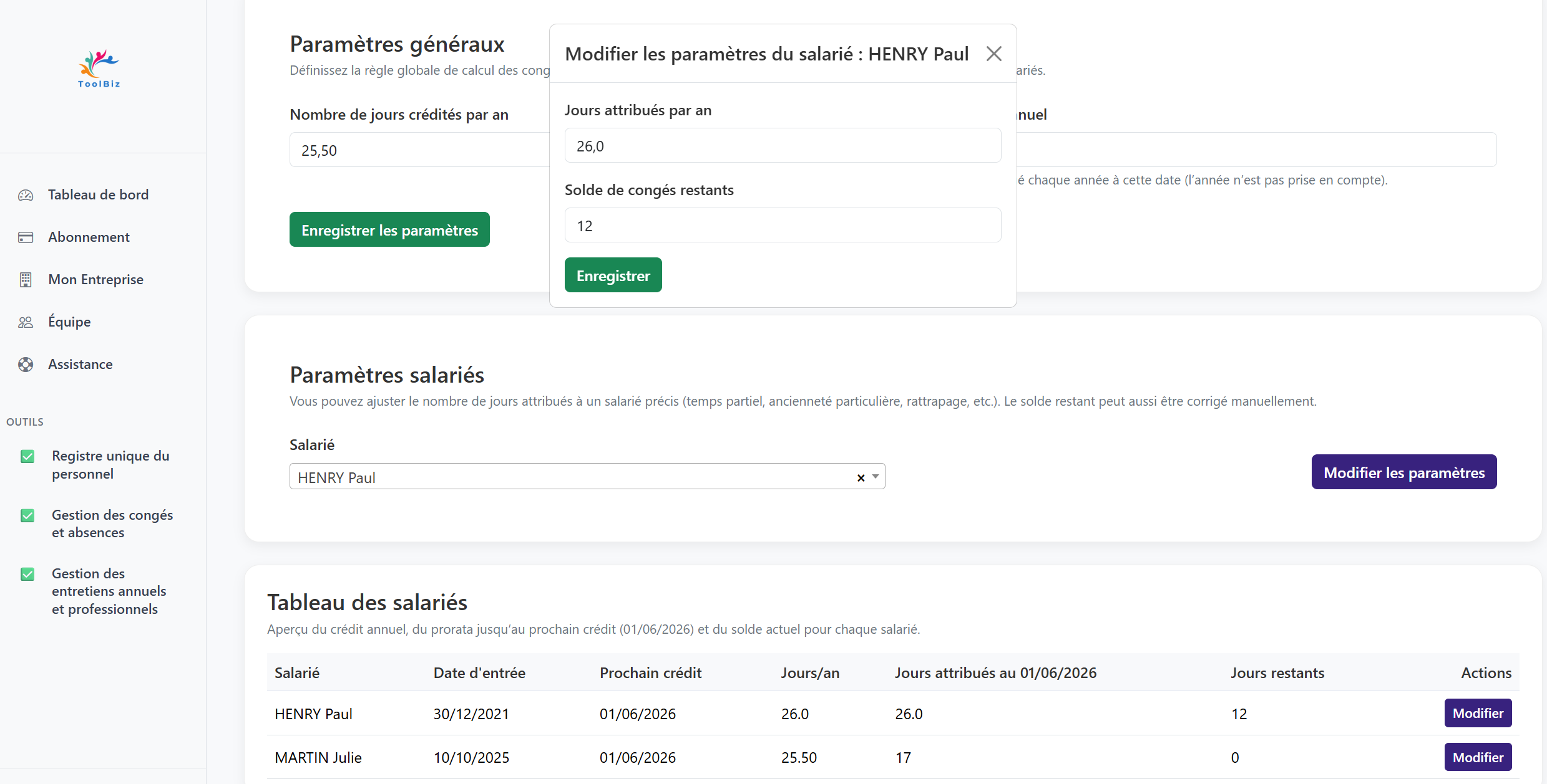 Paramétrage congés salarié dans Toolbiz : crédit annuel et jours restants