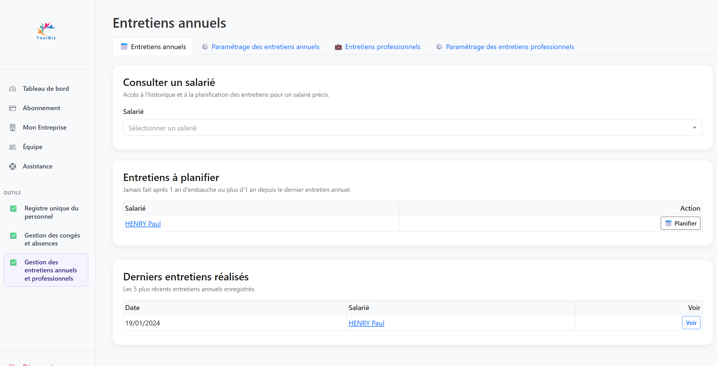 Historique des entretiens annuels/pro et prochains entretiens à planifier dans Toolbiz