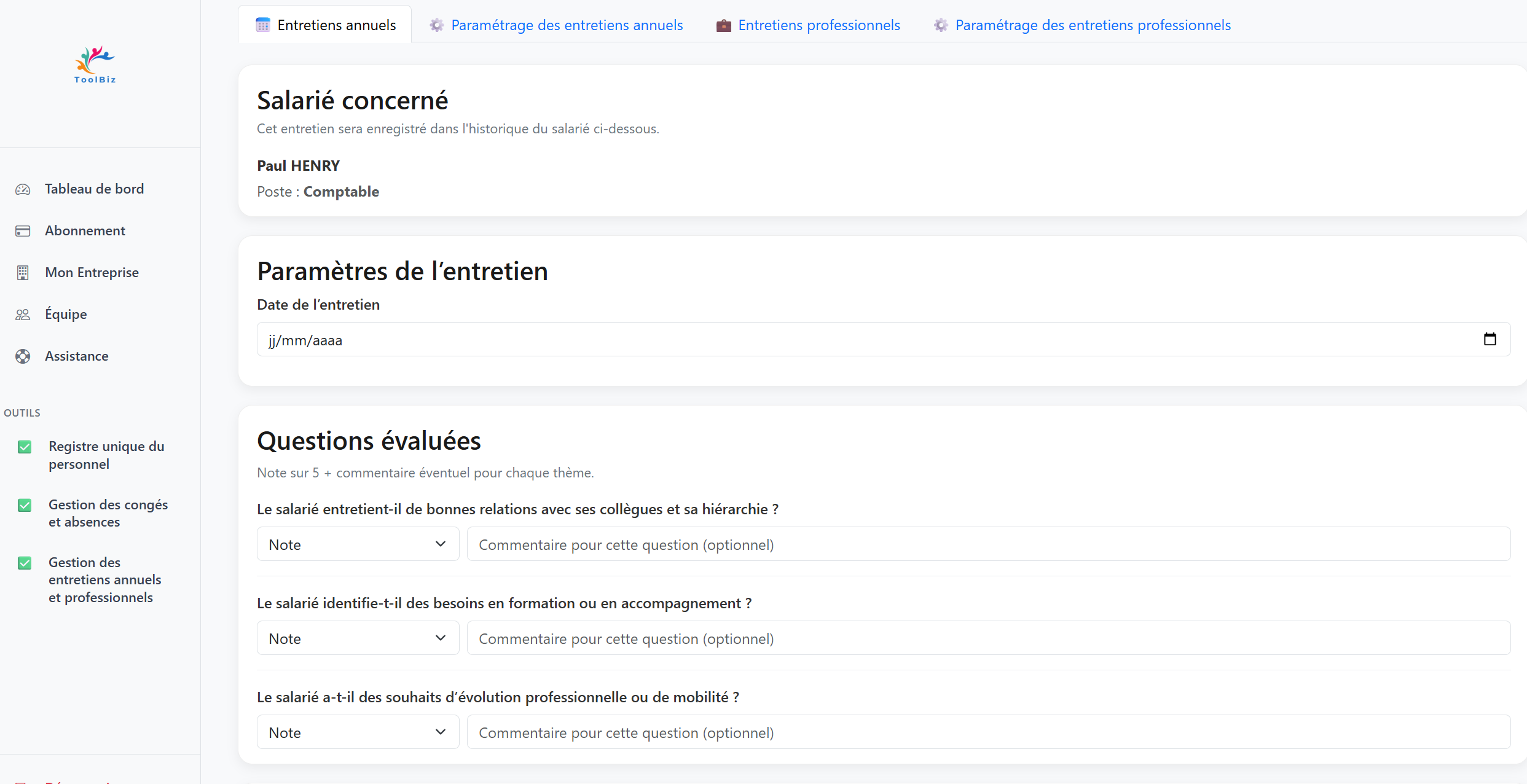 Paramétrage des questions et notation des entretiens annuels dans Toolbiz