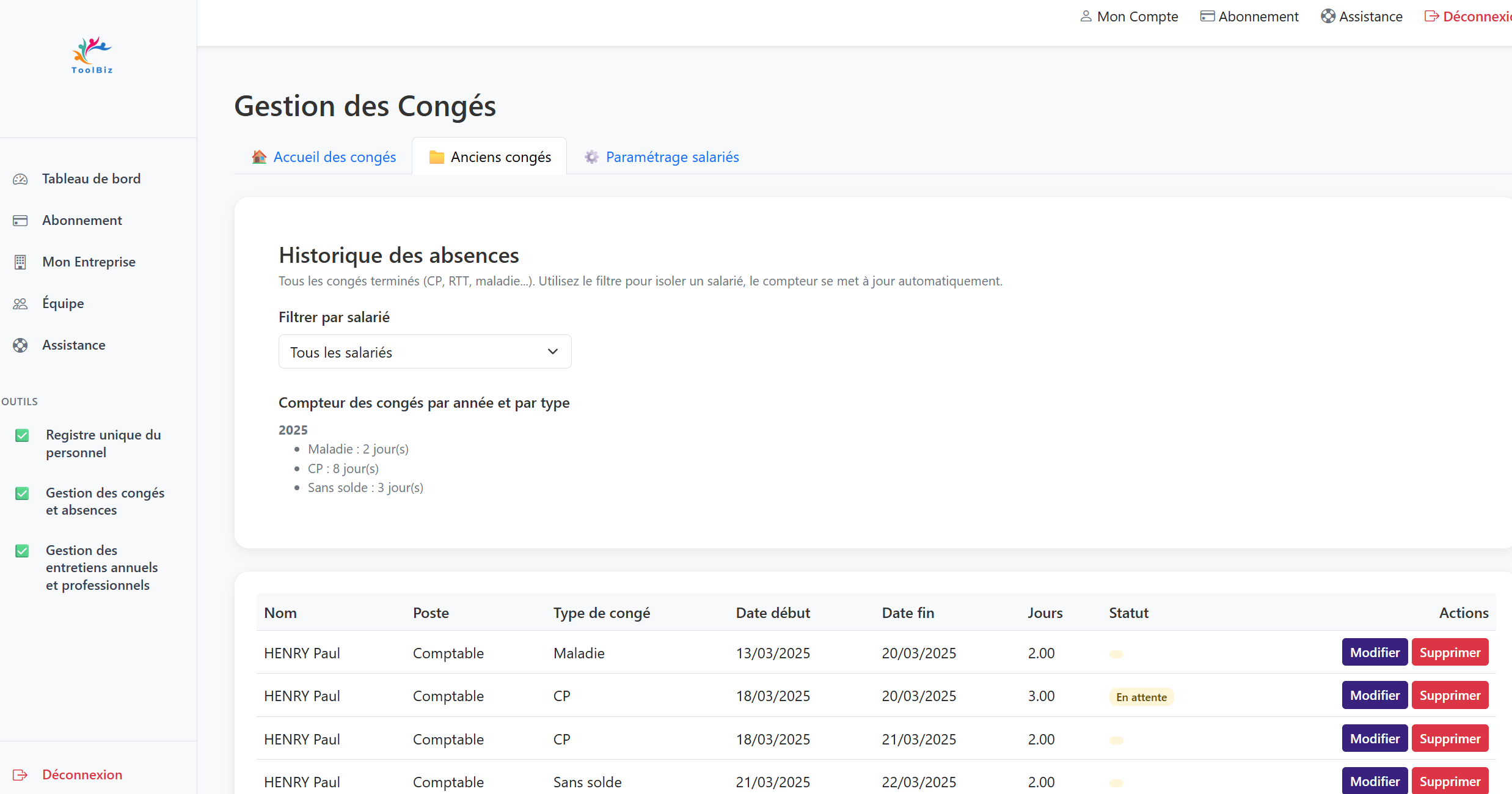 Historique des congés salariés dans Toolbiz